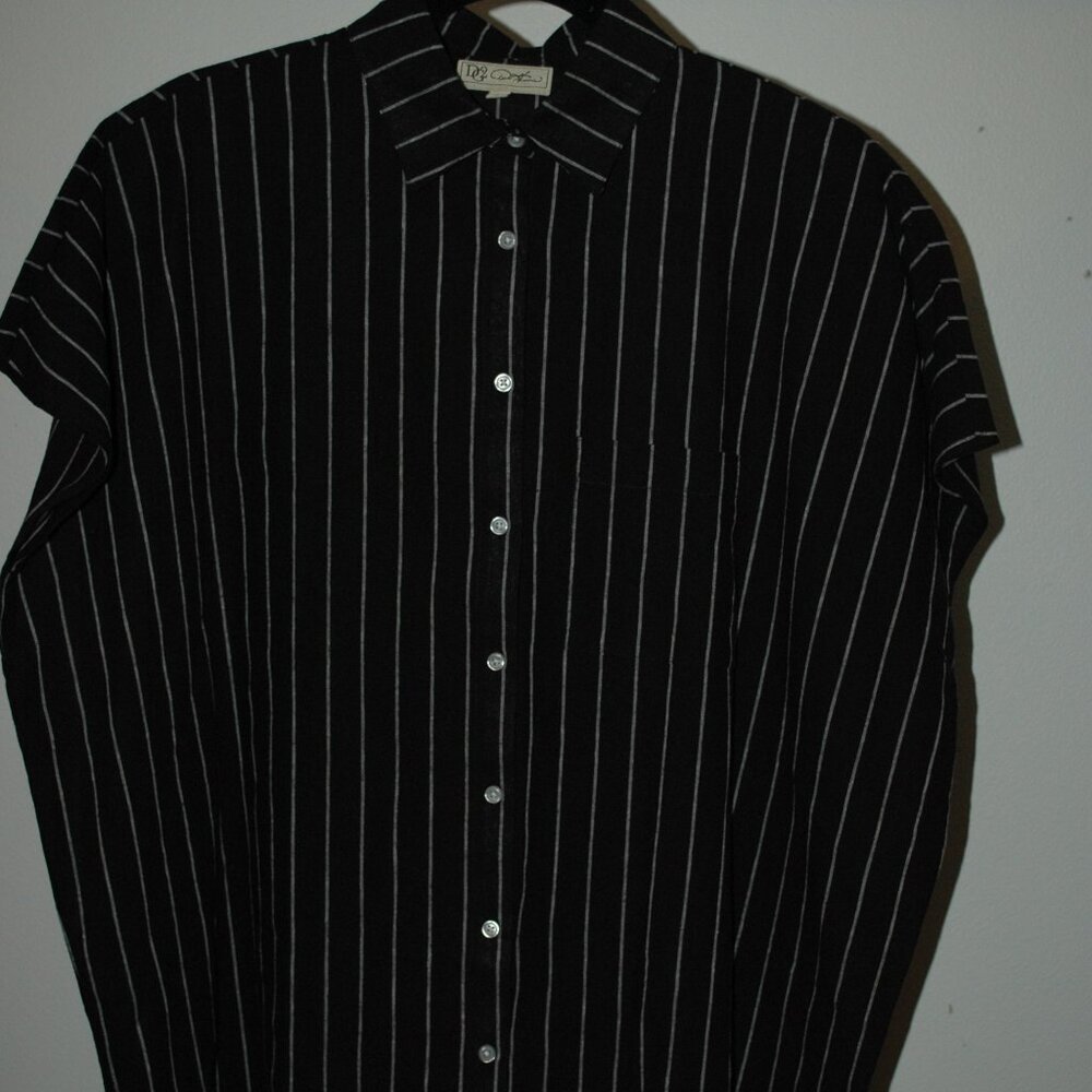 Vintage Inspired Oversized Black & White Vertical Stripe Linen Button-Up Top